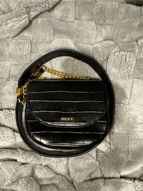 DKNY Black Croc-Embossed Leather Crossbody with Gold Chain Accent